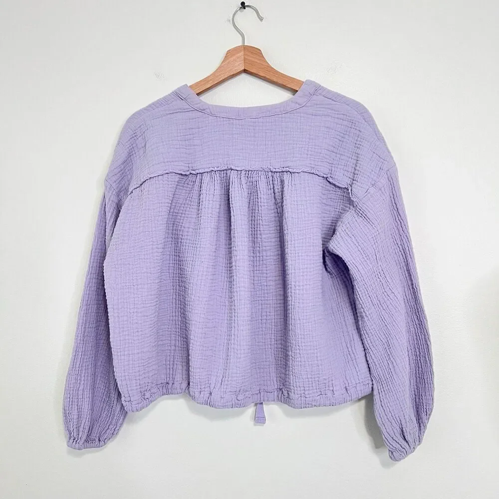 Free People Rising Sun Textured Relaxed Gauze Button Front Blouse XS Lavender